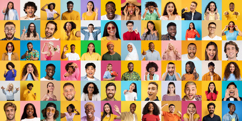 A colorful selection of portraits depicting different people with a wide range of expressions and...