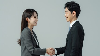 Two Asians, one man and one woman shaking hands with a smile on their faces, facing the front view, dressed in formal attire, with a gray background,4K --ar 16:9