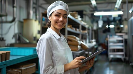Portrait happy smiling of female food factory inspector wear uniform holding a tablet. AI generated