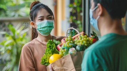Portrait courier of grocery food with mask delivery fresh vegetable to young woman. AI generated