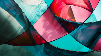 An image featuring modern abstract art with gentle geometric figures and sweeping lines in a rich mix of jade green and magenta. This photograph showcases the art in high definition.