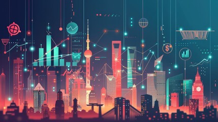 An image of digital art of futuristic cityscape with skyscraper and financial symbol. Financial city with stock market investment or trading graph. Represent investment, business corporate. AIG42.