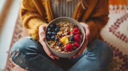 Top view an athletic woman eating a healthy food on bowl at home. AI generated