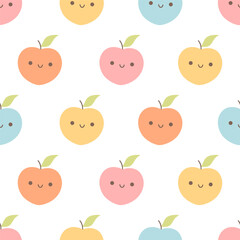 Seamless pattern with cute cartoon peach characters. Fruit seamless pattern. Vector illustration in flat style