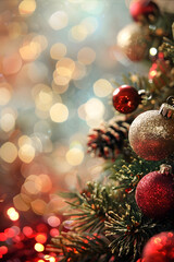 Elegant New Year's background with close up New Year's Christmas tree decorated with balls. Happy New Year and Merry Christmas greeting card.