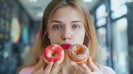 Closeup a young woman choosing apple healthy food or junk food donuts. AI generated image