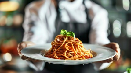 Chef holding hot spaghetti to serve in the restaurant, --ar 16:9