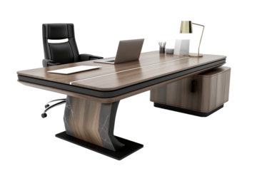 Modern office desk with comfortable chair isolated on transparent background