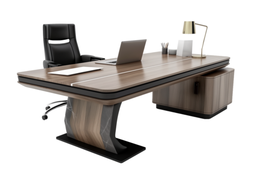 Modern office desk with comfortable chair isolated on transparent background