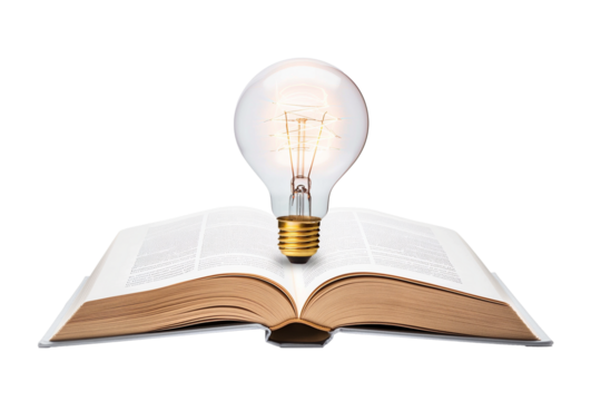 Open a book with a light bulb on a transparent background	
