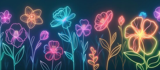 Minimalist neon line art of flower with vibrant and various color and blue background. Each line, glowing with an ethereal luminosity, conveys the essence of petals, stems, and leaves. AIG42.