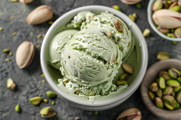 Delicious scoops of pistachio ice cream garnished with nuts in a bowl on textured backdrop.