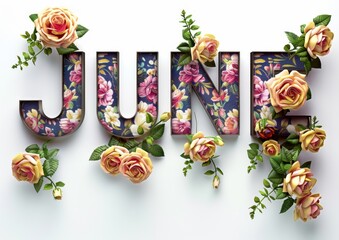 Slated with multicolored roses, the word "JUNE" on a white background Generative AI