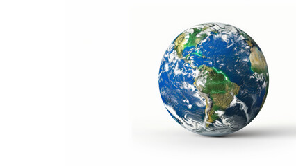 Obraz premium Detailed Earth Globe With Continents, Oceans, and Cloud Formations on White Background with Copy space.