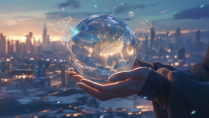 A pair of hands holding an illuminated glass sphere containing the Earth, with blurred city lights in the background, symbolizing global connectivity and digital transformation. 