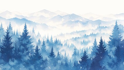 A misty mountain forest scene in soft blue tones, with subtle hints of green pine trees and distant snowcapped peaks shrouded by fog. 