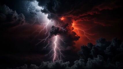 Fototapeta premium A powerful red lightning effect striking through a dark cloud on a black background.