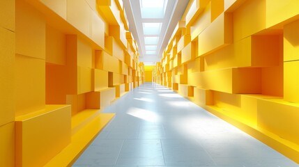 Naklejka premium A long hallway with yellow walls and a skylight in the ceiling, AI