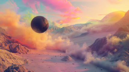 A large black ball is floating in the air above a rocky desert landscape - Powered by Adobe