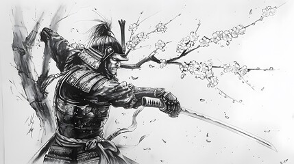 Abstract ink drawing of a samurai. Japanese style art.