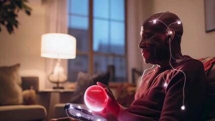 Elderly black man with eyes closed in joy, experiencing music therapy, the smile on his face reflecting the positive effects of auditory treatment. Man uses a chip in his brain to control his thoughts