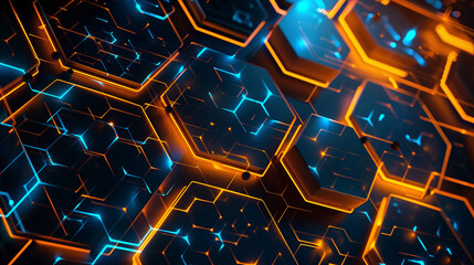 Abstract background with glowing hexagons in the style of blue and orange colors.
