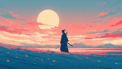 A samurai standing in the distance, pastel colors, lofi vibes