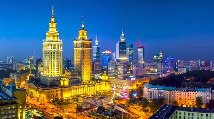 Fototapeta premium Vibrant Cityscape at Twilight, Illuminated Skyscrapers and Urban Panorama. Modern Metropolis Skyline, Travel Destination. Architectural Beauty, Night City Lights. AI