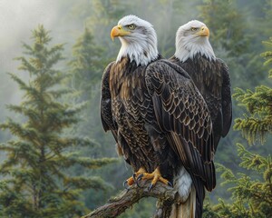 Obraz premium Portrait of two Bald Eagles perched together on a tree branch, showcasing their commanding presence and the deep connection between these majestic birds