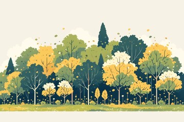 illustration of trees in a forest, with a white background, using muted colors and simple shapes