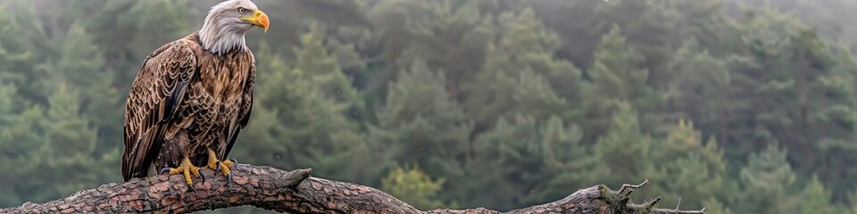 Obraz premium Wide shot of a Bald Eagle perched majestically on a thick tree branch, with a dense, misty forest in the background emphasizing the eagle's imposing presence