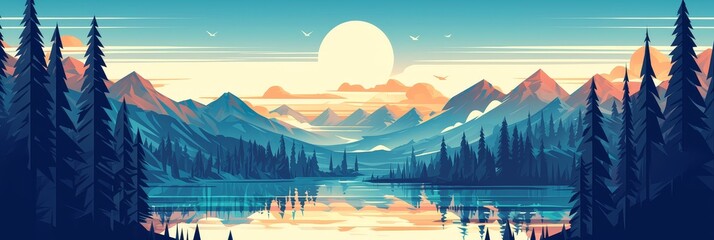 illustration of a beautiful mountain landscape, with a flat design aesthetic and a colorful palette.  - obrazy, fototapety, plakaty