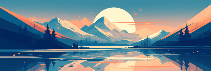 illustration of a beautiful mountain landscape, with a flat design aesthetic and a colorful palette. - obrazy, fototapety, plakaty