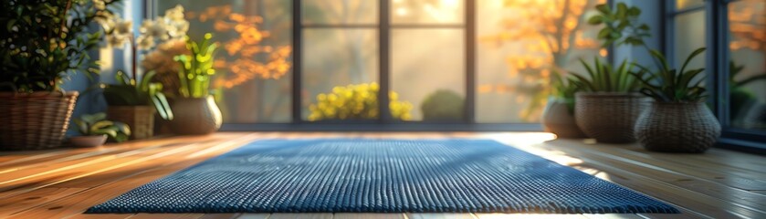 Healthy lifestyle routine, close-up on yoga mat with peaceful home environment, balance and harmony