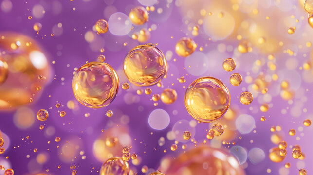 Bubbles of oil and water floating in the air, purple background, orange details, macro photography, closeup.