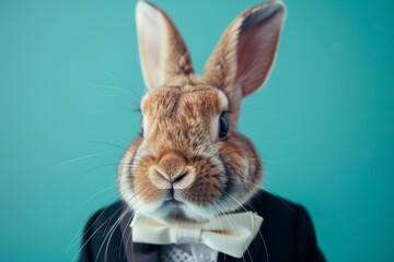 Regal Rabbit in Miniature Silk Tuxedo on Teal Background - Elegant, Animal Fashion, Portrait, Stylish, Cute