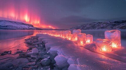 Ice sculptures glowing under northern lights, ephemeral beauty, a dance of color and light