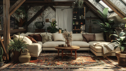 A cozy attic conversion with a plush sectional sofa, a wooden coffee table, and a vintage rug