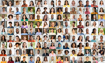 This portrait collage eloquently expresses diversity with a tapestry of happy men and women from different demographics - Powered by Adobe