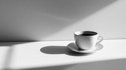 A white coffee cup sits on a white plate on a table