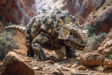 Obraz premium Capture the serene scene of an Ankylosaurus foraging for plants in a lush forest, illustrating the gentle feeding habits and herbivorous nature of these well-protected giants