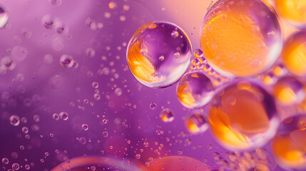 Bubbles of oil and water floating in the air, purple background, orange details, macro photography,...