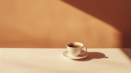 A white coffee cup sits on a white plate on a table