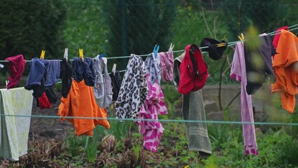 Wet Clothes and Towels Drying on Laundry Lines in Garden