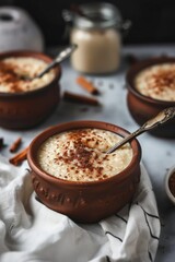 Creamy rice pudding served in a terracotta bowl, dusted with cinnamon, accompanied by a vintage spoon and milk jar, evoking a rustic charm...