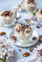 Delicate rice pudding topped with chocolate shavings and nuts, accompanied by spring blossoms, presents a perfect spring dessert setup.