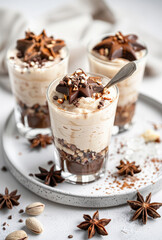 Elegant layered dessert in glasses, garnished with chocolate stars, nuts, and a sprinkle of cocoa on a stylish plate with star anise.
