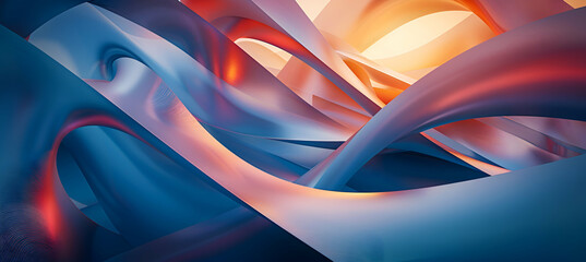 HD camera-style abstract image of intertwining soft lines and angular geometric forms in a vivid palette of cobalt blue and red, focusing on depth and texture