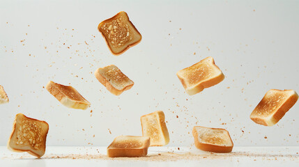 Playful image of several slices of toast mid-flip, suspended in air against a white background