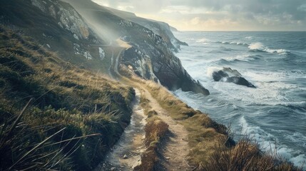 A picturesque view of a coastal running path, with the ocean waves crashing in the distance, inspiring a sense of freedom and adventure on Global Running Day.
